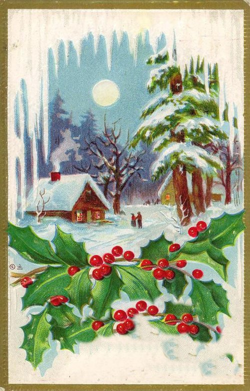 Early 1900s Christmas Greeting Card with Holly and Winter Cabin Scene