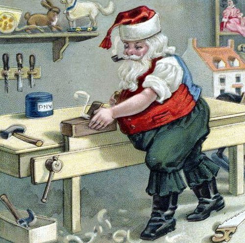 Victorian Santa in Workshop Greeting Card, 1890s