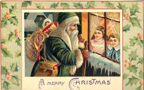 Victorian Christmas Card with Santa and Children, 1890s Holly Border