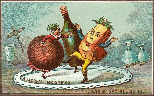 Victorian Christmas Card with Anthropomorphic Vegetables and Wine Bottle