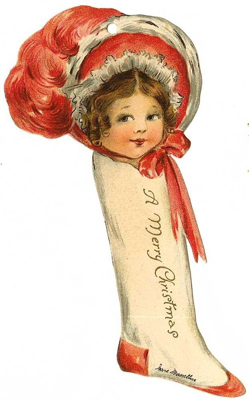Victorian Christmas Stocking Die-Cut with Cherub Child in Red Bonnet