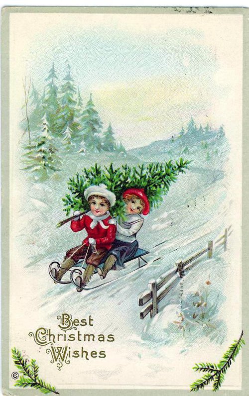 Early 1900s Christmas Greeting Card with Sledding Children
