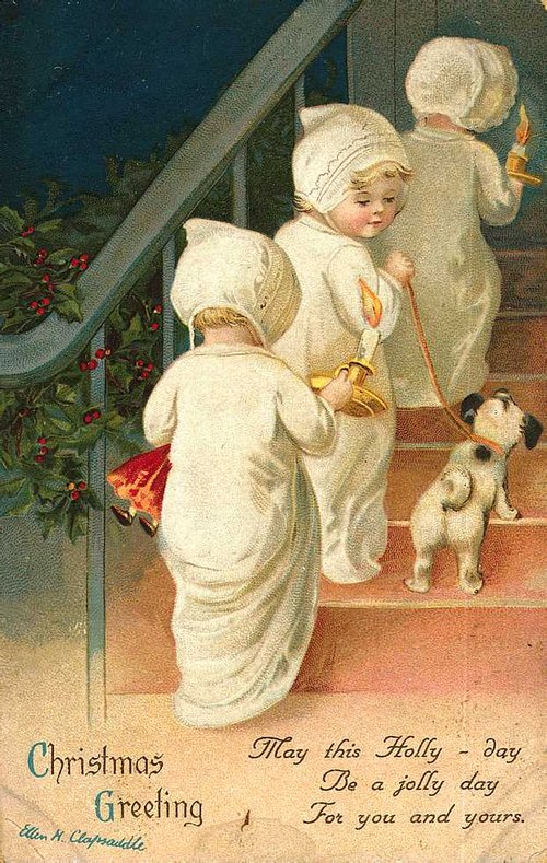 Victorian Christmas Greeting Card with Angel Children and Holly