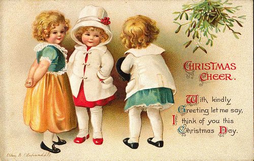 Victorian Christmas Greeting Card with Three Children in Winter Coats