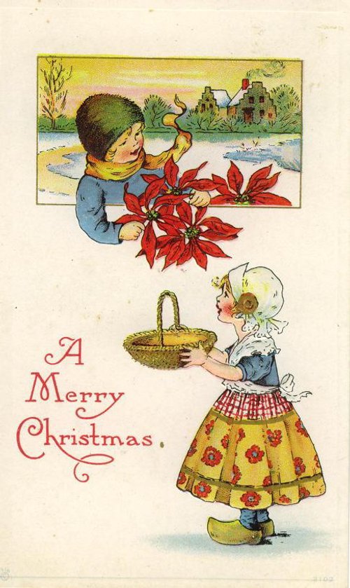 Victorian Christmas Greeting Card Children Poinsettia Landscape