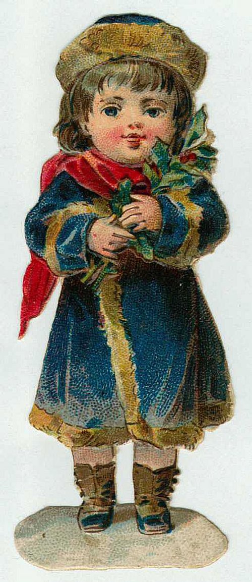 Victorian Die-Cut Child with Holly - Antique Christmas Greeting Card