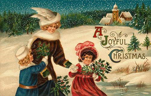 Victorian Christmas Greeting Card with Children & Snow Village