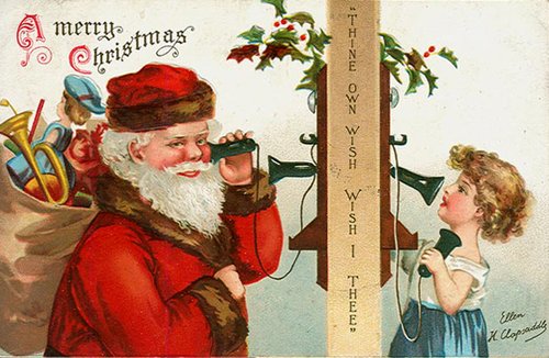 Victorian Christmas Card with Santa & Telephone - Merry Christmas