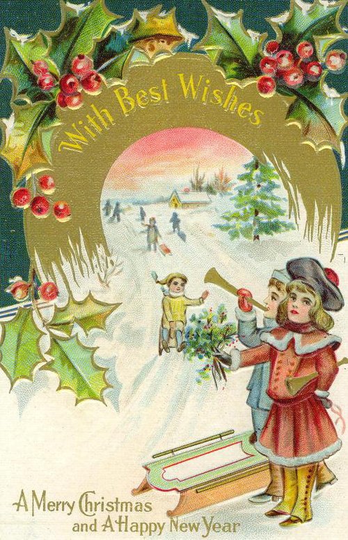 Victorian Christmas Card with Children & Winter Scene | Vintage 1890s