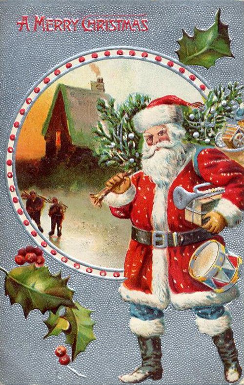 Victorian Christmas Santa Lithograph Greeting Card with Holly