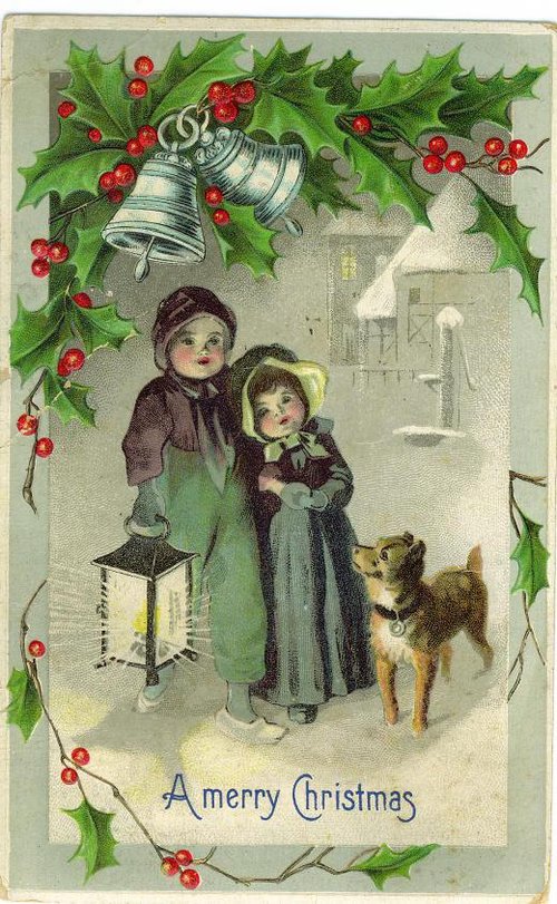 Victorian Christmas Greeting Card with Children & Holly