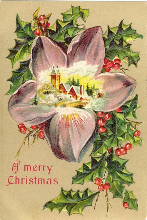 Victorian Christmas Card with Holly & Winter Village in Flower