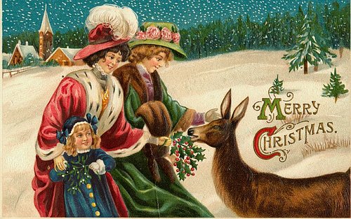 Victorian Christmas Greeting Card with Women, Child, Deer & Winter Scene