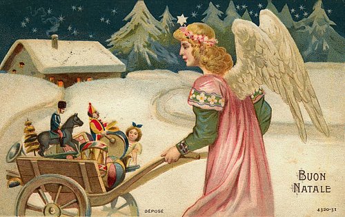Vintage Italian Christmas Card with Angel & Toy Cart