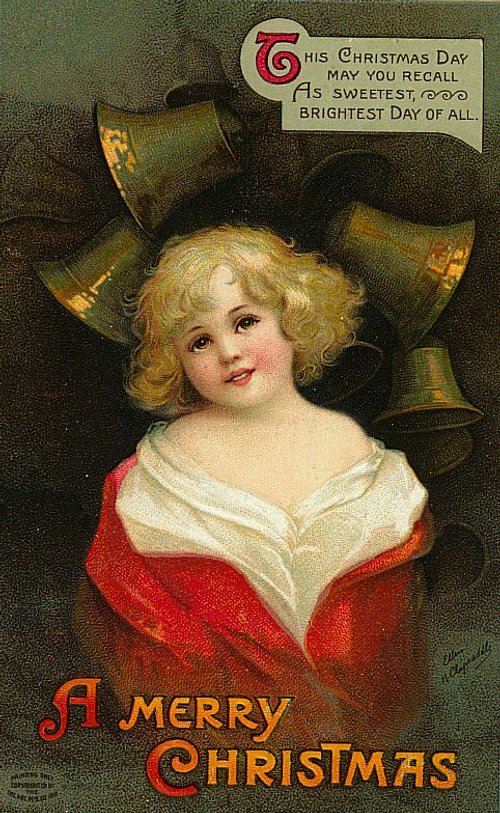 Victorian Christmas Greeting Card with Blonde Angel Child & Bells