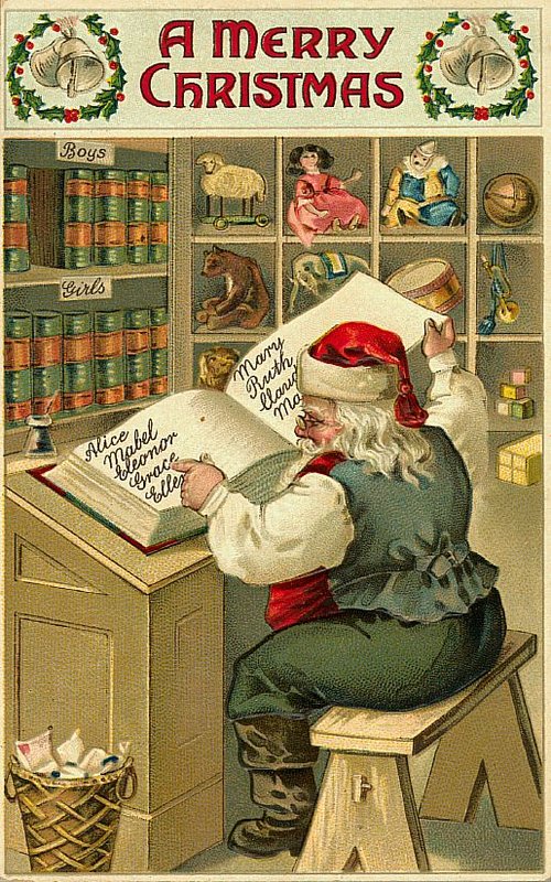Victorian Santa Making Christmas List - Antique Holiday Greeting Card