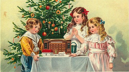 Victorian Christmas Card Three Children Decorated Tree 1890s