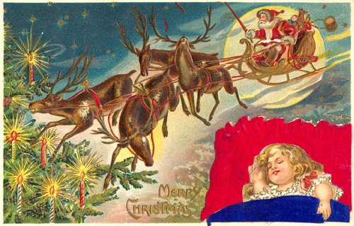 Victorian Christmas Card: Santa's Sleigh & Angel Girl