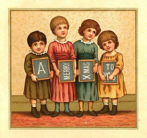 Victorian Christmas Card: Four Children with Slate Chalkboards