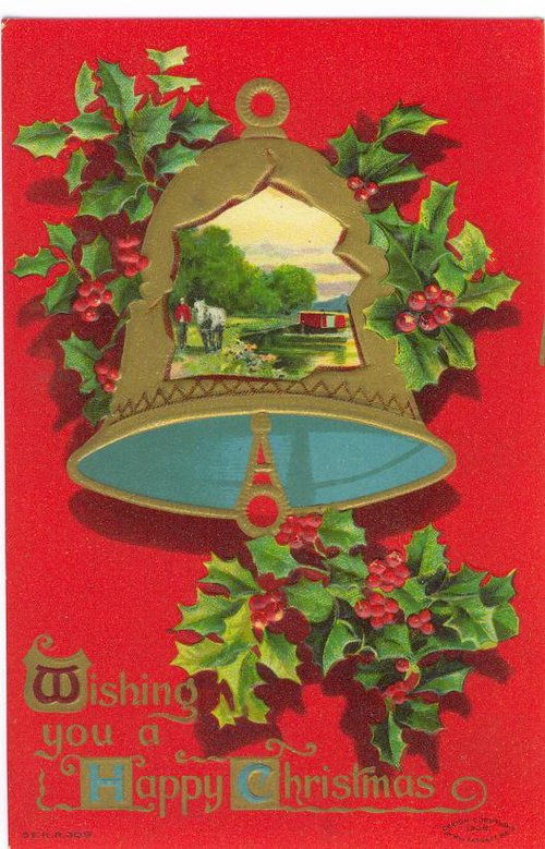 Vintage Christmas Bell Die-Cut Card, Rural Landscape, Holly Decoration