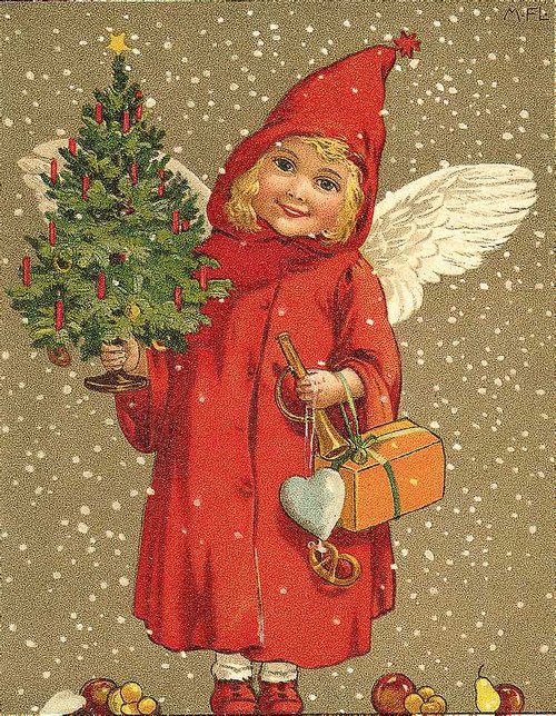 Victorian Christmas Angel with Red Coat & Decorated Tree