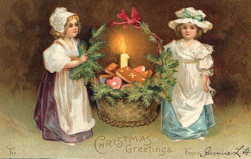 Victorian Christmas Greetings Card with Two Girls and Wreath