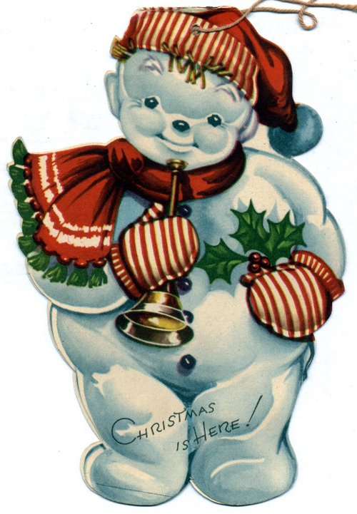 Vintage Christmas Snowman Die-Cut Greeting Card with Red Striped Mittens and Bell