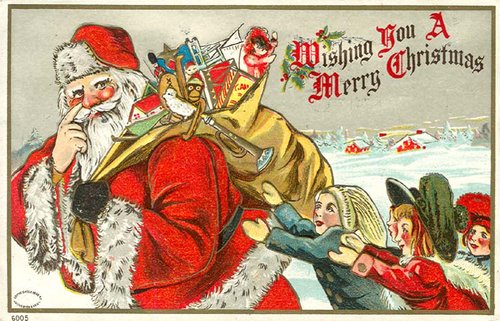 Victorian Santa Claus Christmas Card with Children in Snow