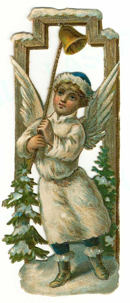 Victorian Angel Christmas Card with Golden Bell Die-Cut