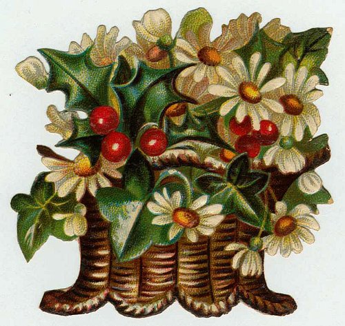 Victorian Daisy Basket Die-Cut Greeting Card with Red Berries