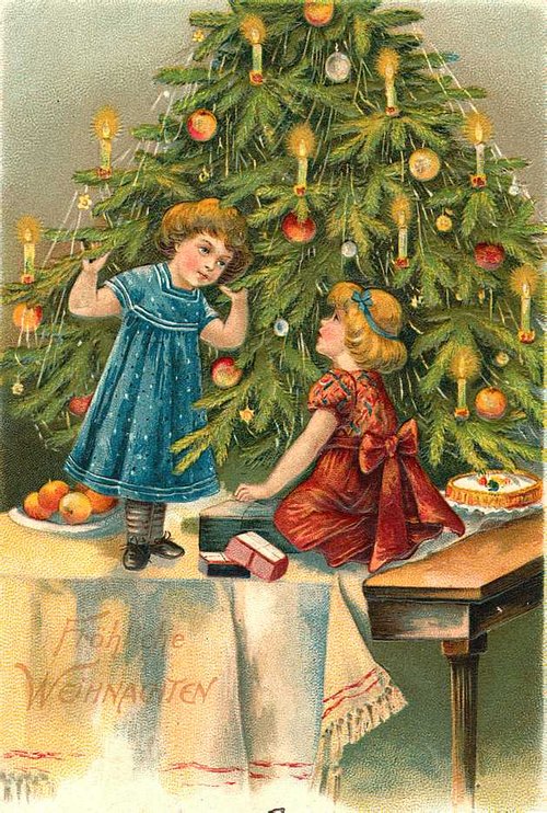 Victorian Children Christmas Tree Greeting Card, 1880s-1890s