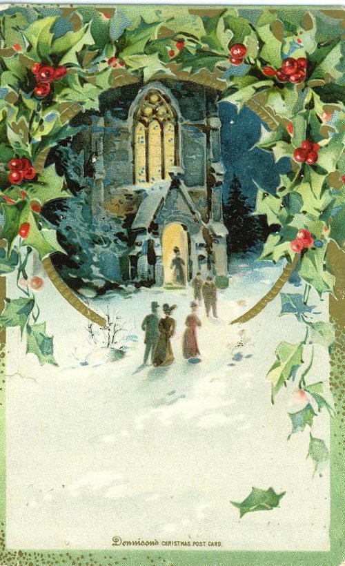 Victorian Christmas Church Gothic Architecture Holly Wreath Card