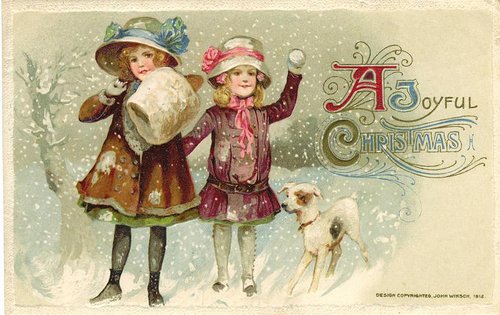 Vintage Edwardian Christmas Card with Children & Dog in Snow