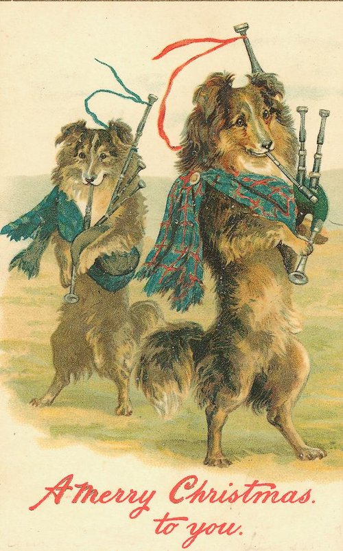 Victorian Scottish Dogs Bagpipes Christmas Card, 1890s