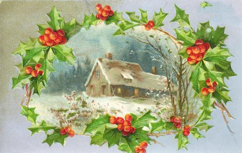 Victorian Winter Cottage Christmas Card with Holly Berries