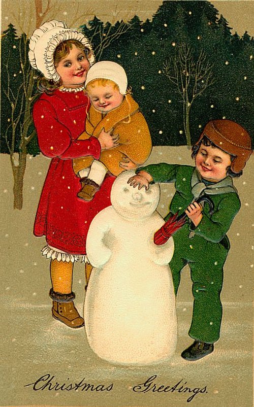Vintage Victorian Christmas Greetings Card with Children and Snowman