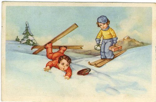 Vintage Winter Skiing Accident Children Playing Card 1900s