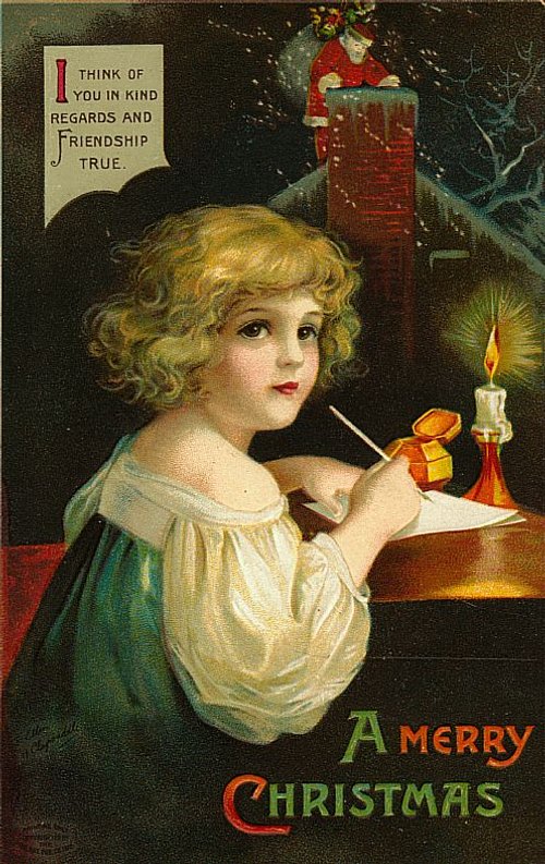 Victorian Christmas Card Girl Writing Letter Friendship