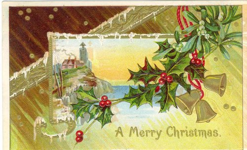 Victorian Christmas Greeting Card with Holly, Bells & Lighthouse Scene