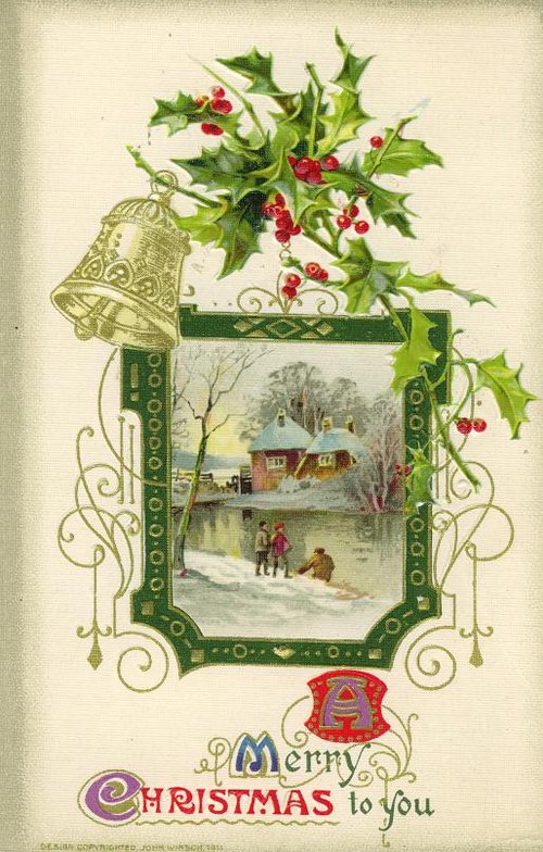 Edwardian Christmas Card with Holly, Bell & Winter Cottage Scene