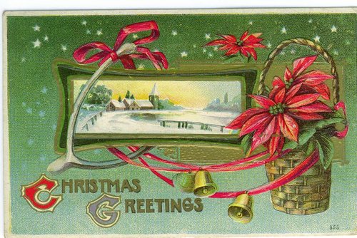 Victorian Christmas Greetings Card with Poinsettias & Winter Scene