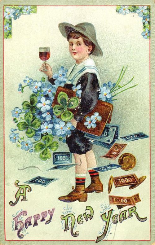 Happy New Year Vintage Card 1900s Boy with Flowers & Gold