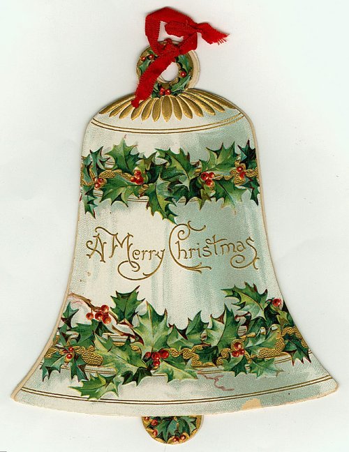 Victorian Die-Cut Christmas Bell with Holly & Red Ribbon
