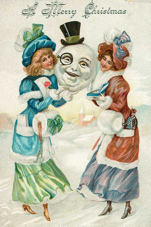 Victorian Christmas Greeting Card with Snowman & Children