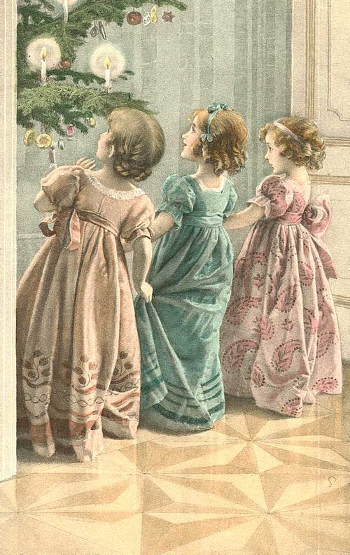 Victorian Christmas Card Three Girls at Decorated Tree