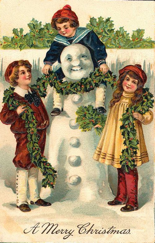 Victorian Christmas Snowman with Children & Holly Garland