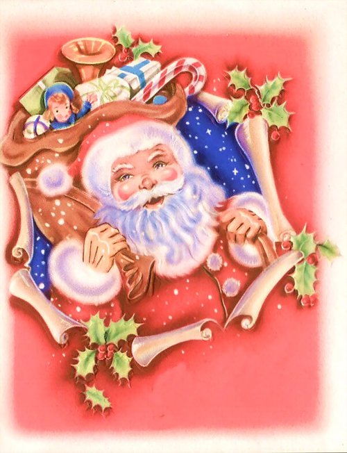 Vintage Santa Christmas Greeting Card with Holly & Toys