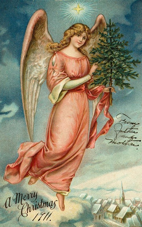 Victorian Christmas Angel with Pine Tree - 1911 Greeting Card
