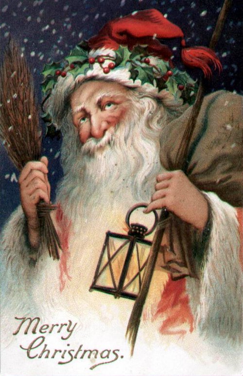 Victorian Santa Christmas Greeting Card with Lantern & Holly