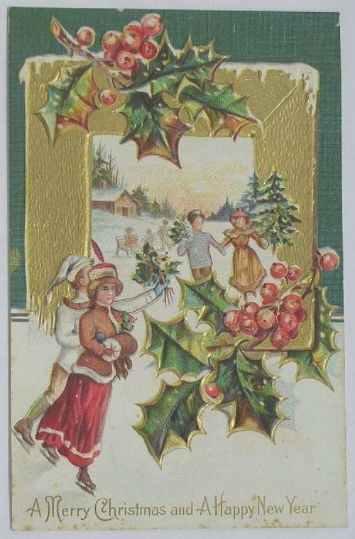 Victorian Christmas Card with Holly, Children & Winter Scene